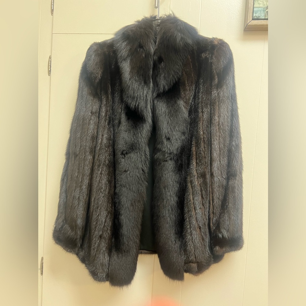 PETITE Vintage Genuine Dark Brown Chocolate MINK FUR Jacket w Black Fur Lapel